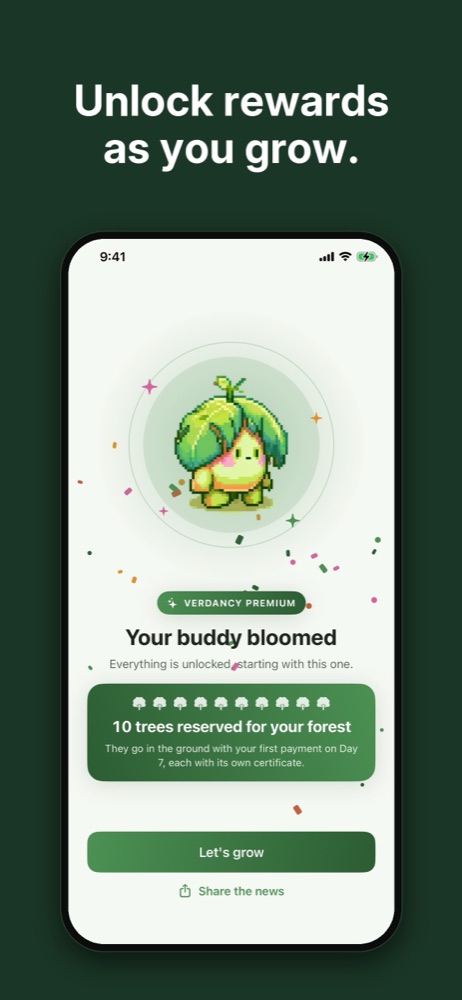 A Plant Buddy blooming with Premium, reserving ten real trees for your forest.